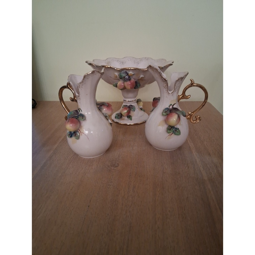 Vintage Lefton Hand Painted Porcelain 2 Pitchers And Fruit Bowl .